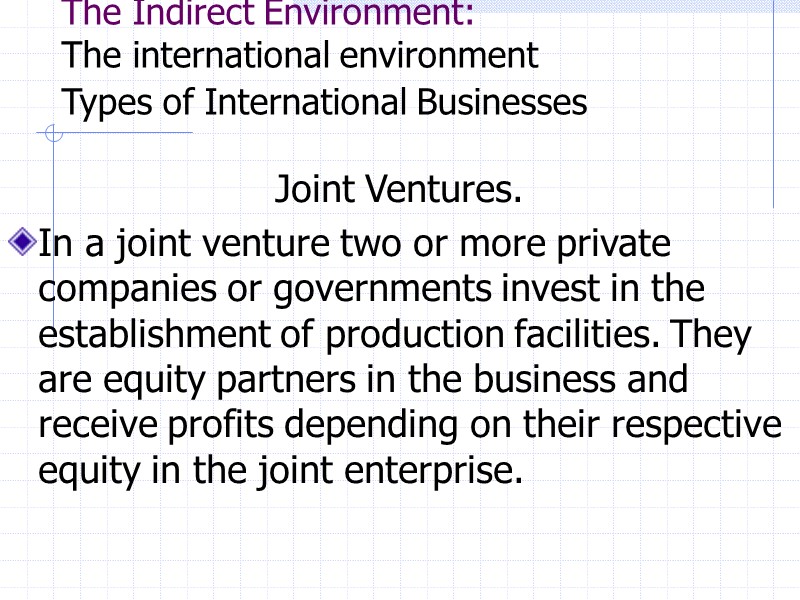 The Indirect Environment: The international environment Types of International Businesses    Joint